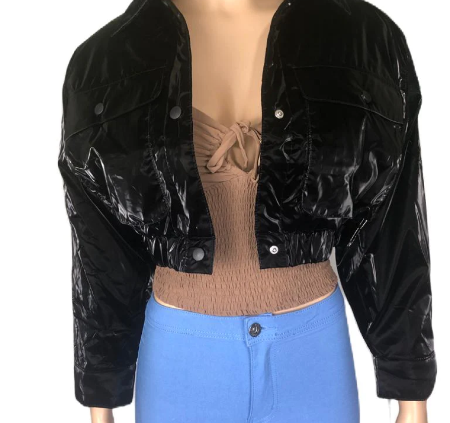 Quilted Padding Crop Shiny PU Jacket