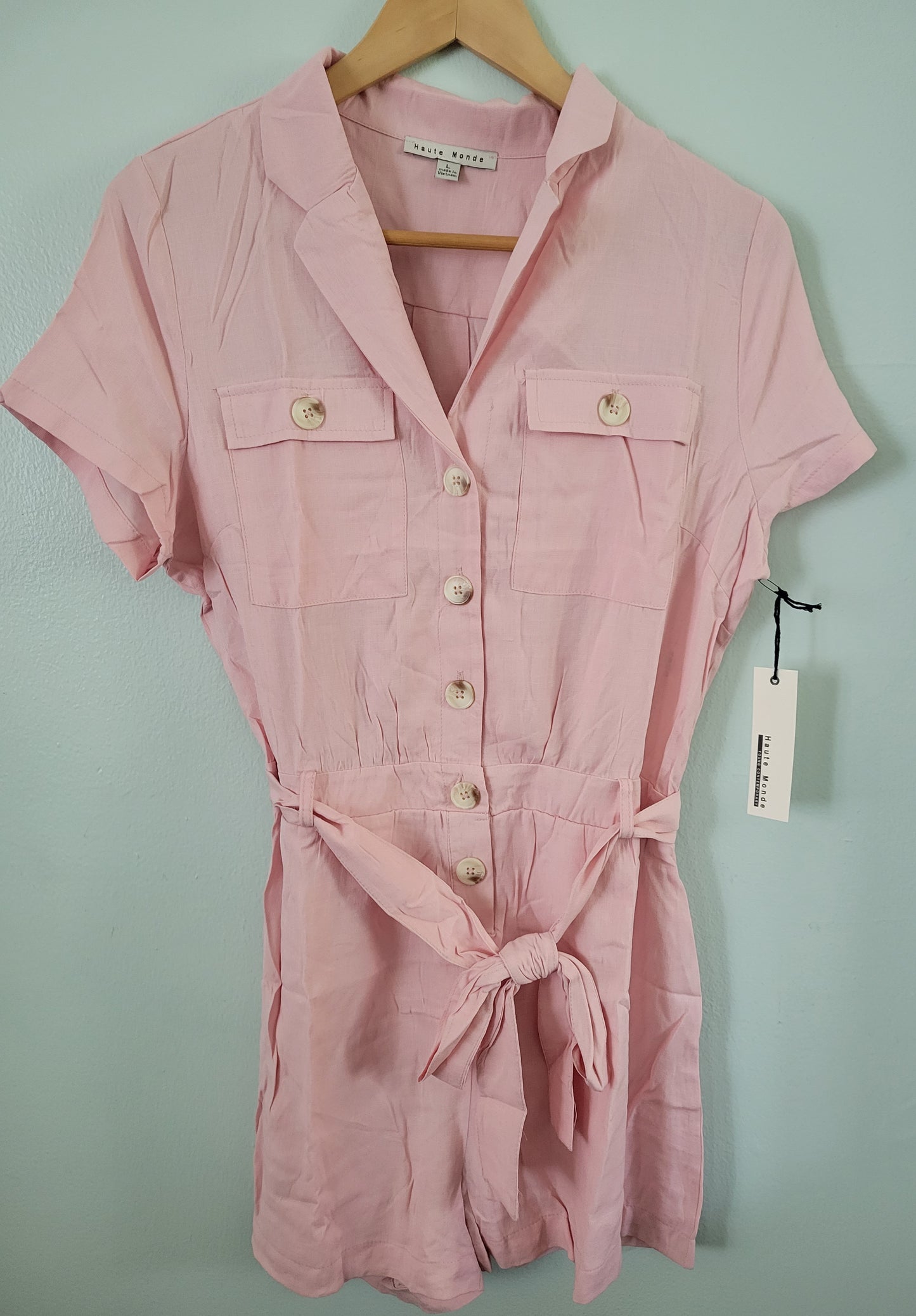 Collard Solid Belted Button- Down Romper