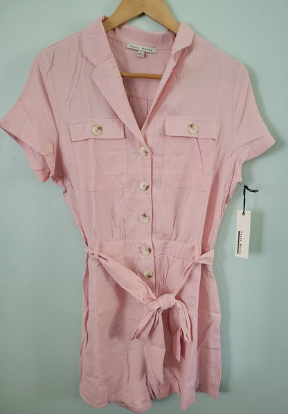 Collard Solid Belted Button- Down Romper