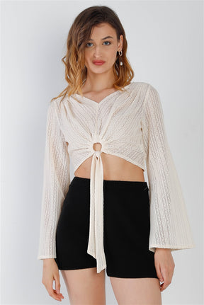 White Crochet O-Ring Detail With Self-Tie Long Kimono Sleeve Crop Top for Women