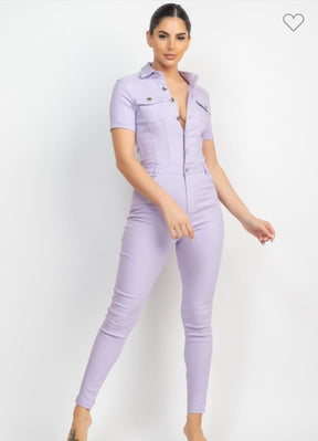 Collared Button-Down Cinched Jumpsuit