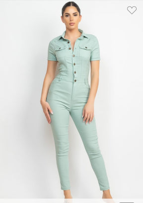 Collared Button-Down Cinched Jumpsuit