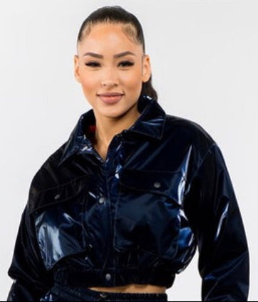 Quilted Padded Cropped Shiny PU Jacket