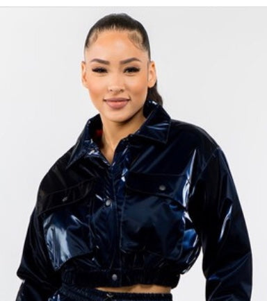 Quilted Padding Crop Shiny PU Jacket