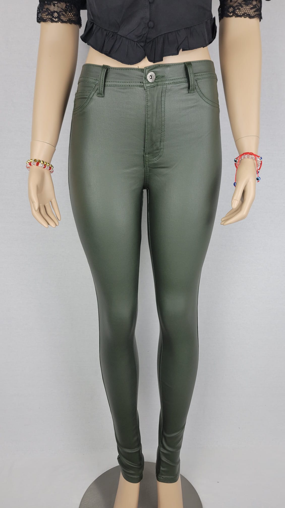 High Waist Faux leather Olive color Jean