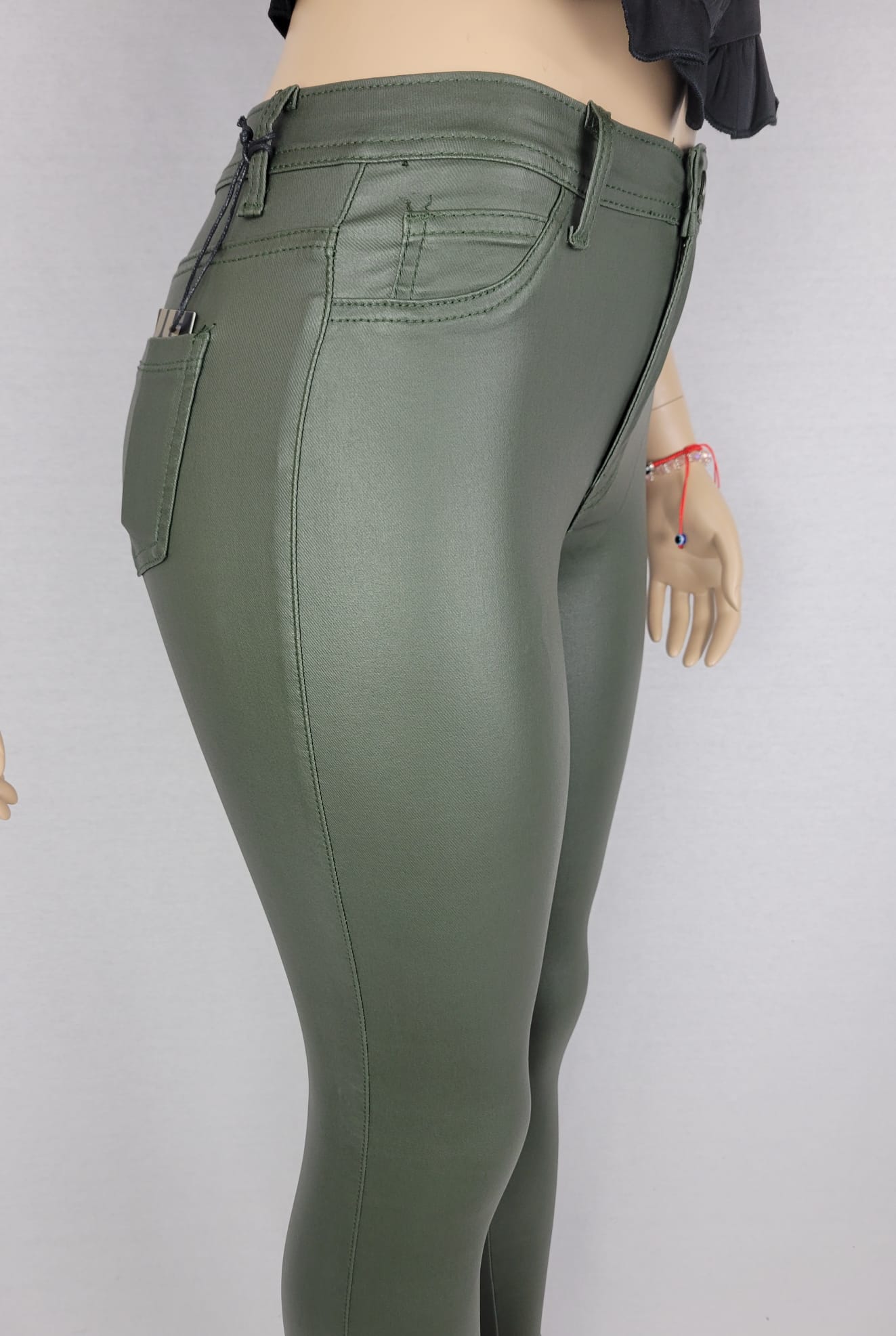 High Waist Faux leather Olive color Jean