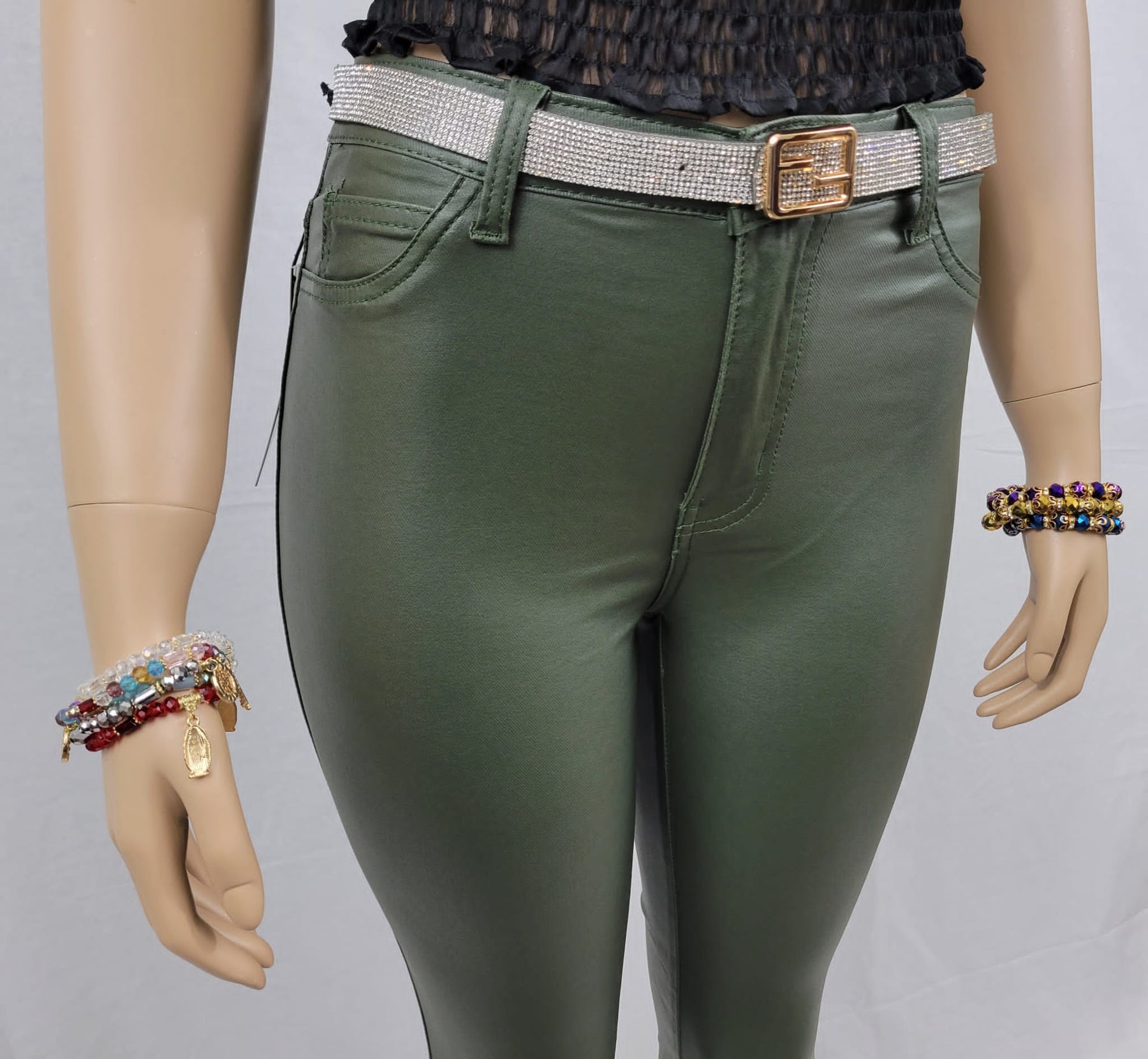 High Waist Faux leather Olive color Jean