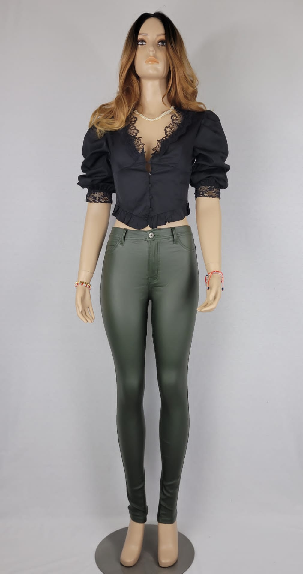 High Waist Faux leather Olive color Jean