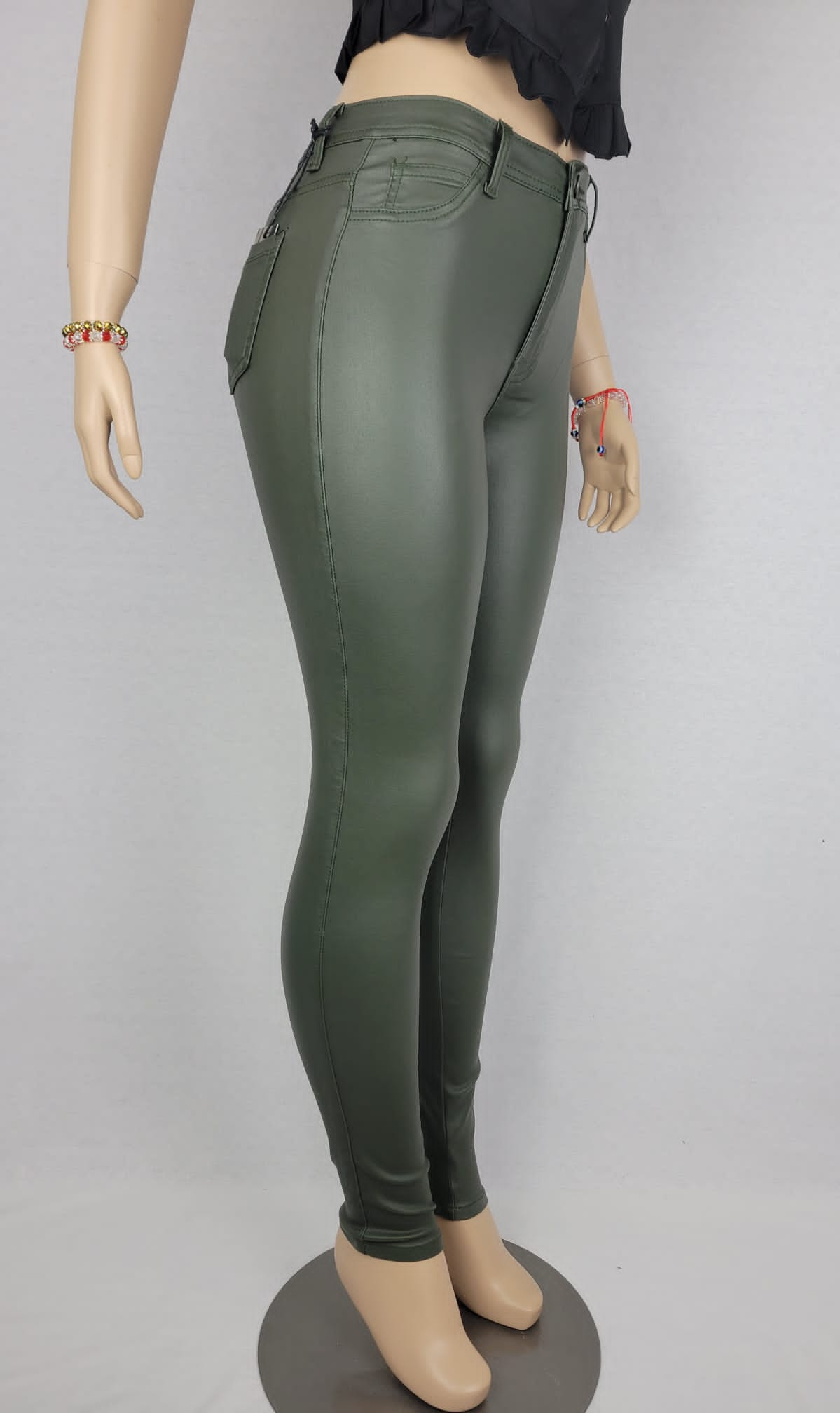 High Waist Faux leather Olive color Jean