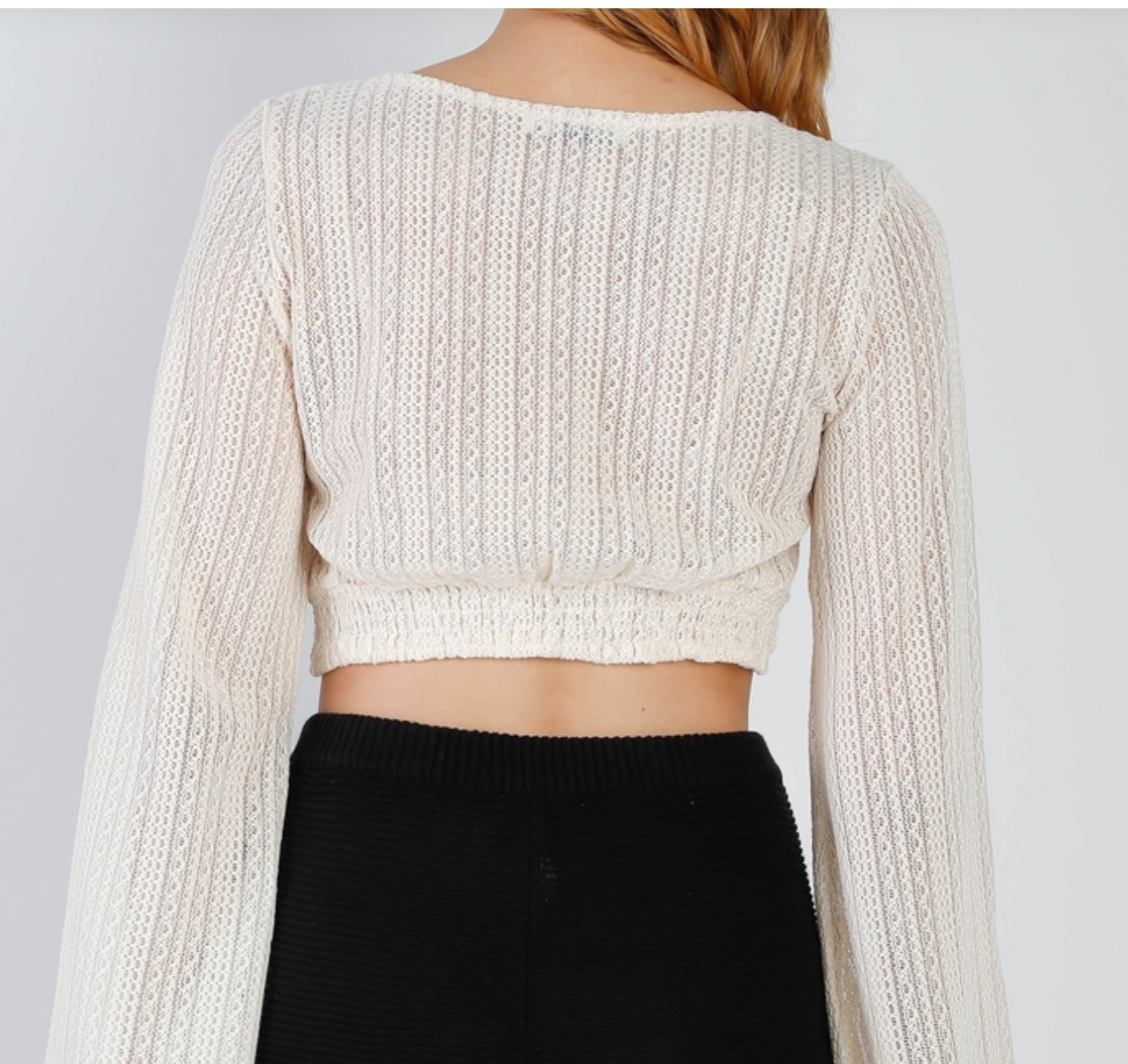 White Crochet O-Ring Detail With Self-Tie Long Kimono Sleeve Crop Top for Women