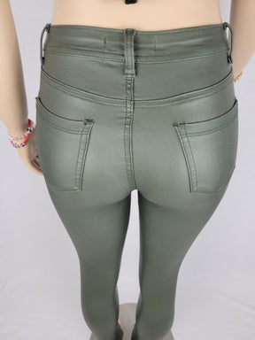 High Waist Faux leather Olive color Jean