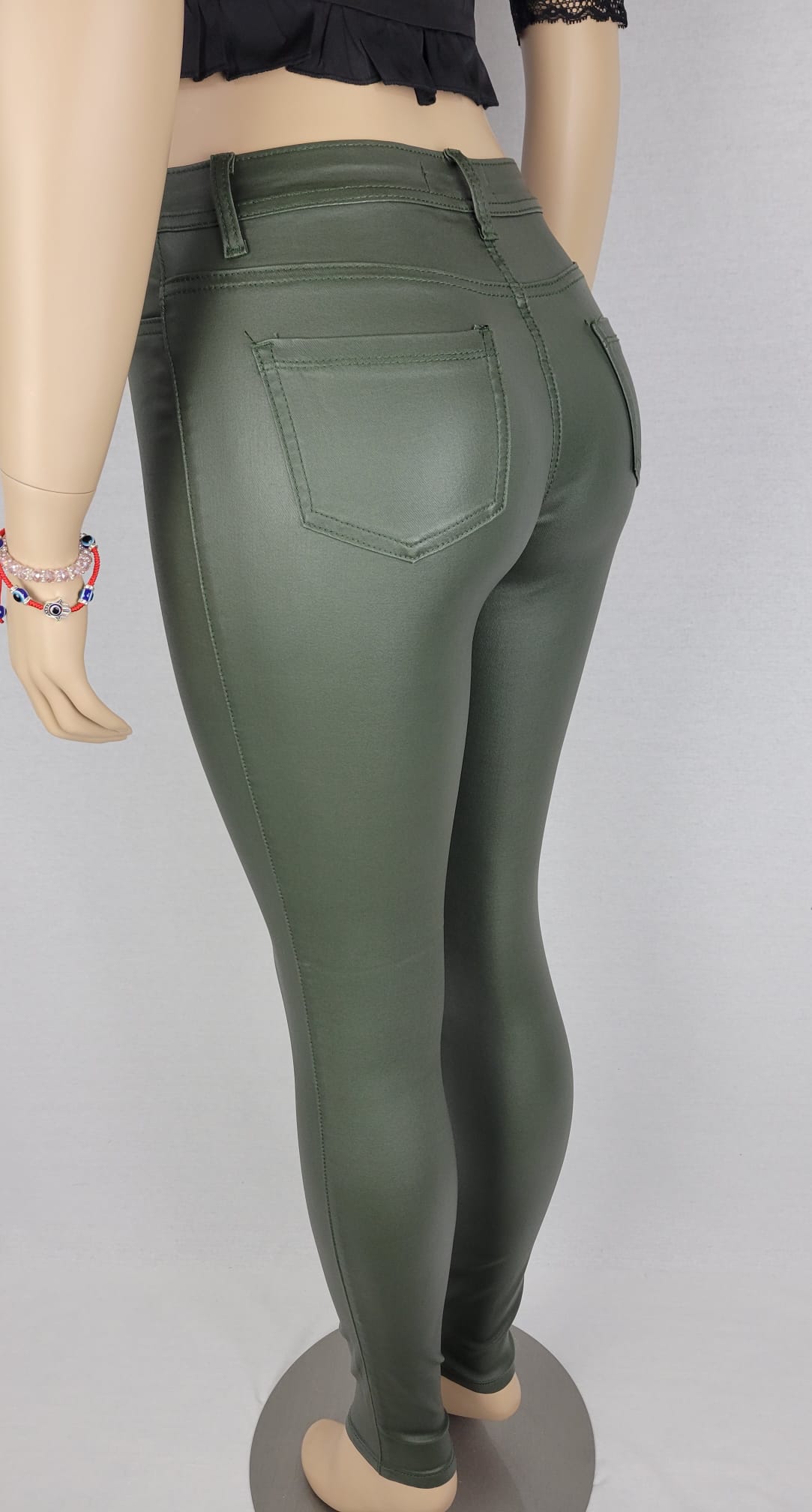 High Waist Faux leather Olive color Jean